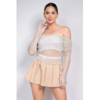Shirred Off-shoulder Fishnet Top