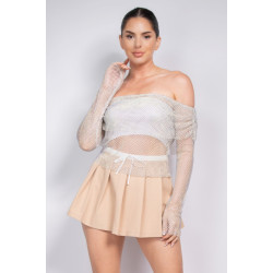 Shirred Off-shoulder Fishnet Top