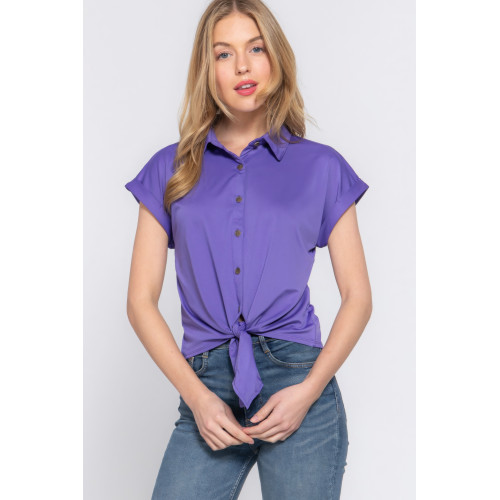 Short Slv Front Tie Stretch Ity  Top