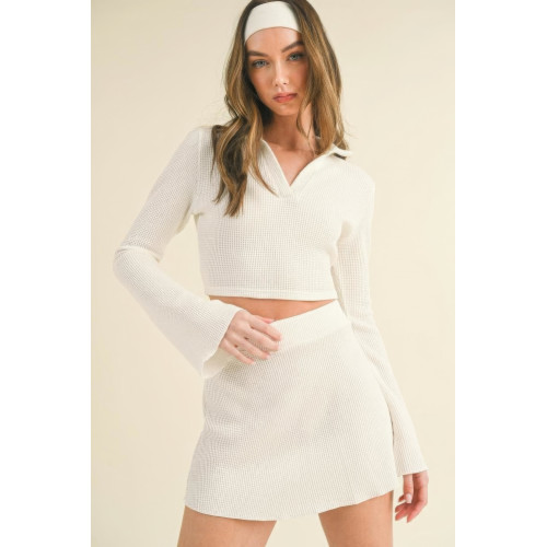 Waffle Knit Bell Sleeve Top And Skirt Set