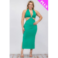 Plus Size Cut-out Halter Neck Double Back Tie Split Thigh Midi Dress
