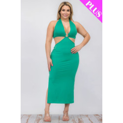 Plus Size Cut-out Halter Neck Double Back Tie Split Thigh Midi Dress