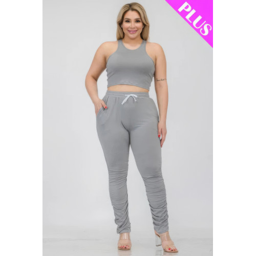 Plus Size Crop Tank Top & Ruched Pants Set