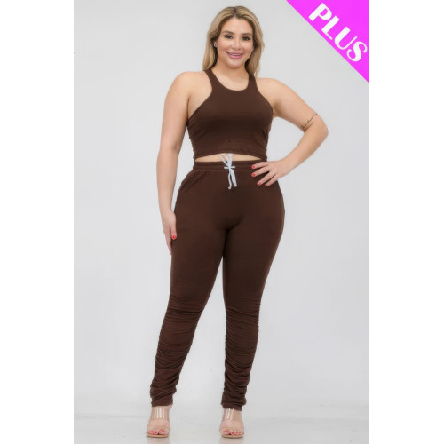 Plus Size Crop Tank Top & Ruched Pants Set