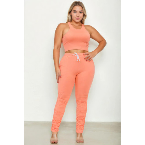 Plus Size Crop Tank Top & Ruched Pants Set
