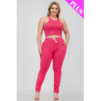 Plus Size Crop Tank Top & Ruched Pants Set