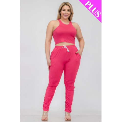 Plus Size Crop Tank Top & Ruched Pants Set