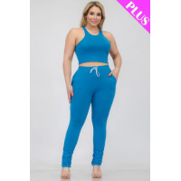 Plus Size Crop Tank Top & Ruched Pants Set