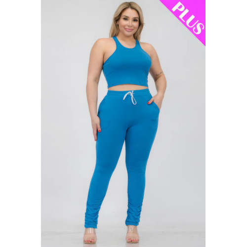 Plus Size Crop Tank Top & Ruched Pants Set