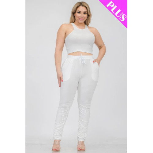 Plus Size Crop Tank Top & Ruched Pants Set