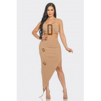 Front Eyelet Buckle Belt Top And Skirt Set