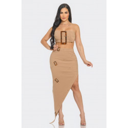 Front Eyelet Buckle Belt Top And Skirt Set