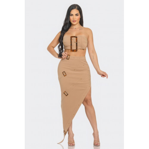 Front Eyelet Buckle Belt Top And Skirt Set