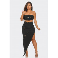 Front Eyelet Buckle Belt Top And Skirt Set