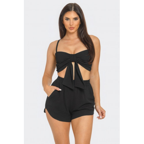 Front Oversized Bow Twisted Tie Top And Shorts Set