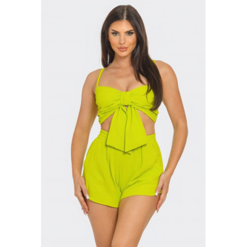 Front Oversized Bow Twisted Tie Top And Shorts Set