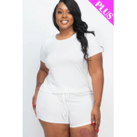 Plus Size Ribbed Short Sleeve Top&shorts Set