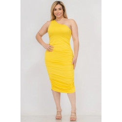 Plus Size Sexy Solid Color Ruched One Shoulder Midi Bodycon Dress
