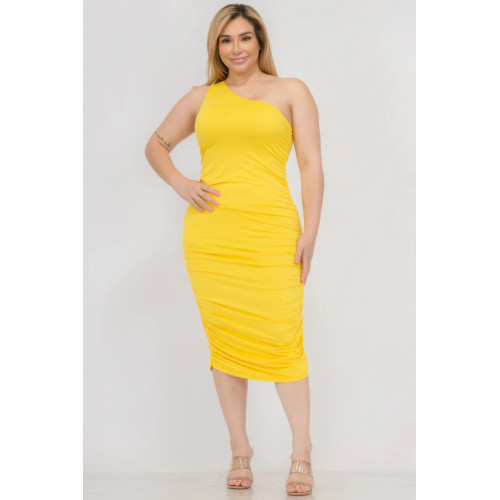 Plus Size Sexy Solid Color Ruched One Shoulder Midi Bodycon Dress