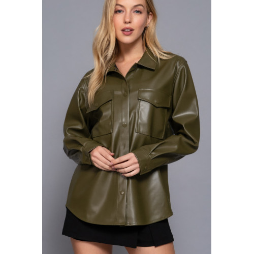 Long Slv Faux Leather Shacket