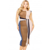 Plus knitted sleeveless colorblock waist tie dress