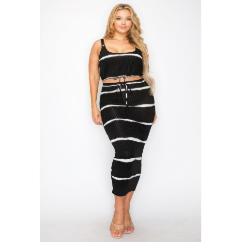 Plus sleeveless tie dye stripe 2 piece skirt set