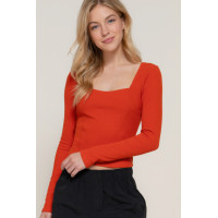 Long slv sweetheart neck seam detail knit top