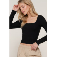 Long slv sweetheart neck seam detail knit top