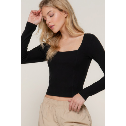Long slv sweetheart neck seam detail knit top
