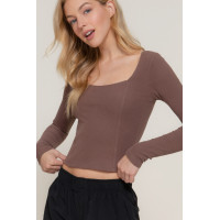 Long slv sweetheart neck seam detail knit top