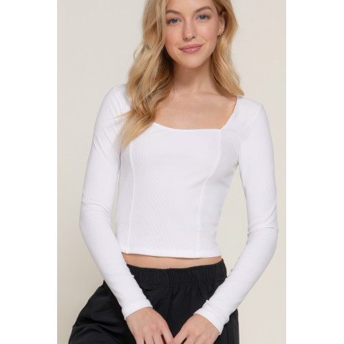 Long slv sweetheart neck seam detail knit top