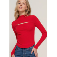 Long slv mock neck kyehole rib knit top