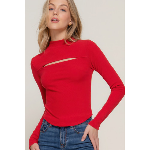 Long slv mock neck kyehole rib knit top