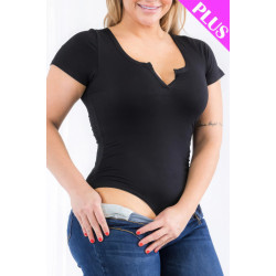 Plus Size Casual Split Neck Solid Short Sleeve Bodysuit