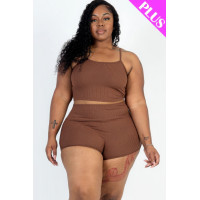 Plus Size Ribbed Cami Crop Top & Ruched Shorts Set