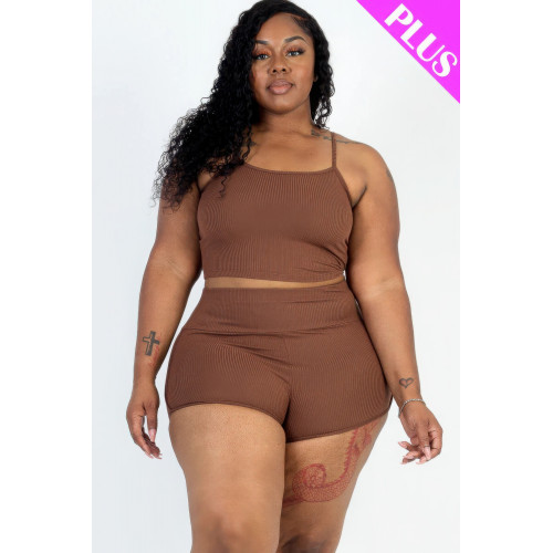 Plus Size Ribbed Cami Crop Top & Ruched Shorts Set