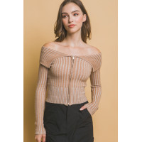 Ribbed bardot zip up long sleeve