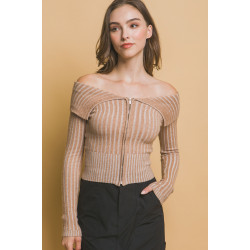 Ribbed bardot zip up long sleeve
