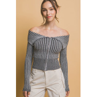 Ribbed bardot zip up long sleeve