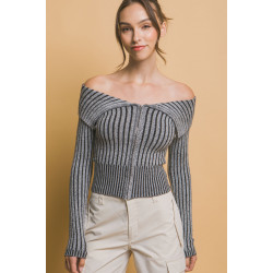 Ribbed bardot zip up long sleeve
