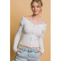 Ribbed bardot zip up long sleeve