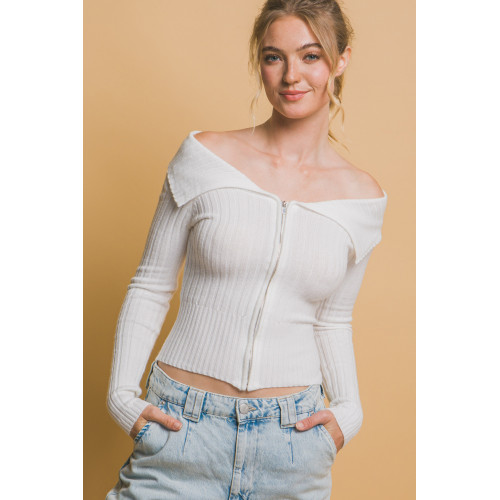 Ribbed bardot zip up long sleeve