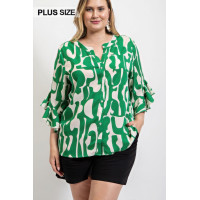Geometric print ruffled bell sleeve woven top