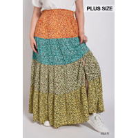 Ditsy floral color block skirt with front slit