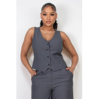 Buttoned Solid V-neck Vest Top