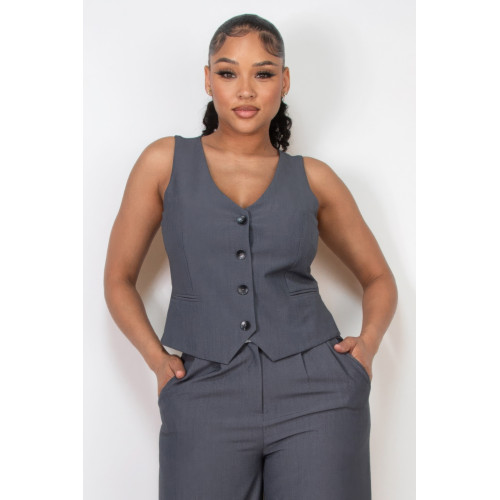 Buttoned Solid V-neck Vest Top