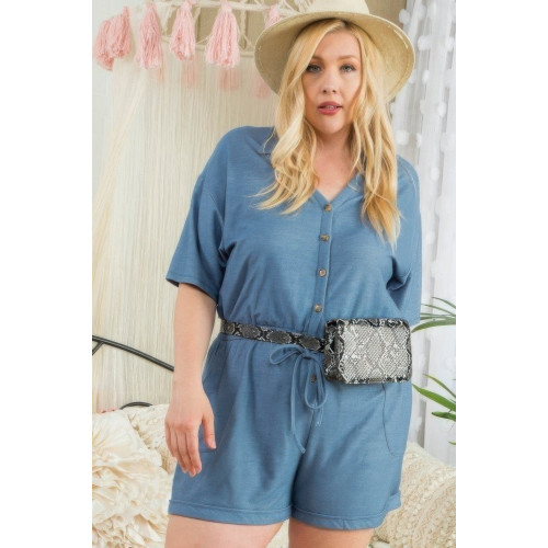 Short Sleeve Collar V Neck Waist Elastic Side Pocket Button Down Knit Romper