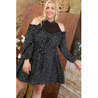 Plus Size Round Neck Contrast Mesh Cold Shoulder Ruffle Detail Back Tie Leopard Printed Dress