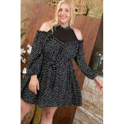 Plus Size Round Neck Contrast Mesh Cold Shoulder Ruffle Detail Back Tie Leopard Printed Dress