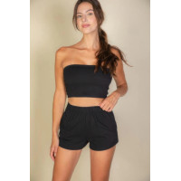Simple Solid Color Tube Top And Shorts Two Piece Set